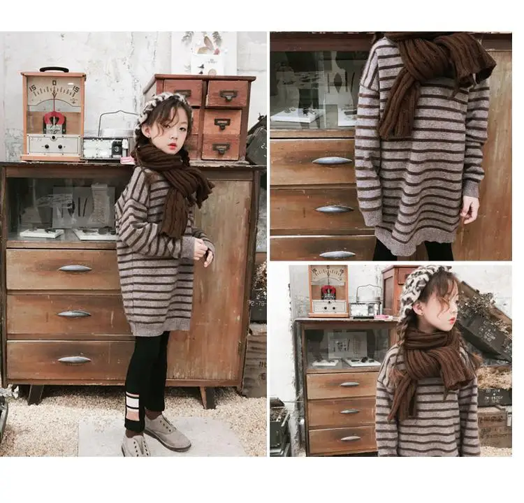 Autumn Winter Kids Girls Casual Knitted Dress Chidldren Striped O-Neck Long Sleeve Sweater Dresses Teen Girls Clothing K101