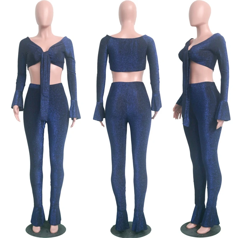 ZJFZML, сексуальный комплект из двух предметов, женский, v-образный вырез, длинный рукав, бандаж, топ и блестящие Облегающие расклешенные штаны, повседневный комплект из 2 предметов