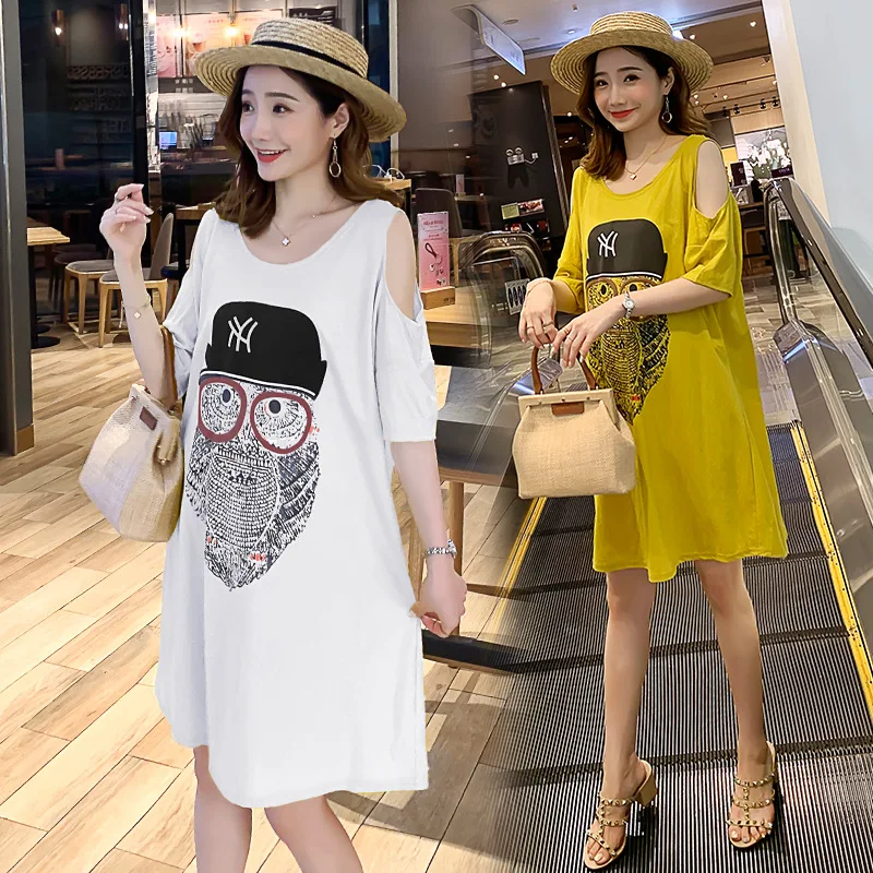 

Maternity Clothes 2019 New Style Summer Long Korean-style Exposed Shoulder Cartoon Owl Freaky Dress