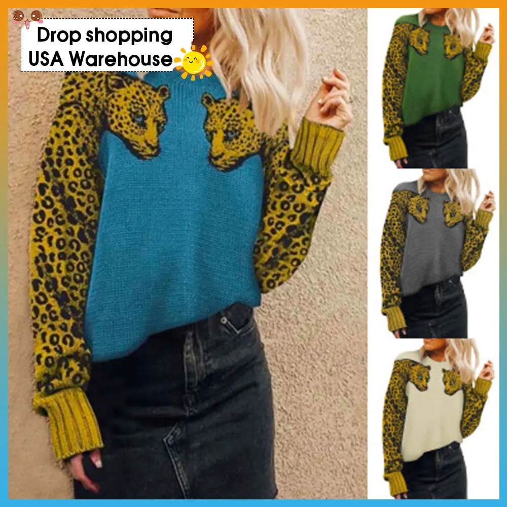 

2020 Autumn and Winter New Vintage Elegant Casual Sweater Arm Leopard Pattern Long Sleeve round Neck Pullover Knitting Shirt