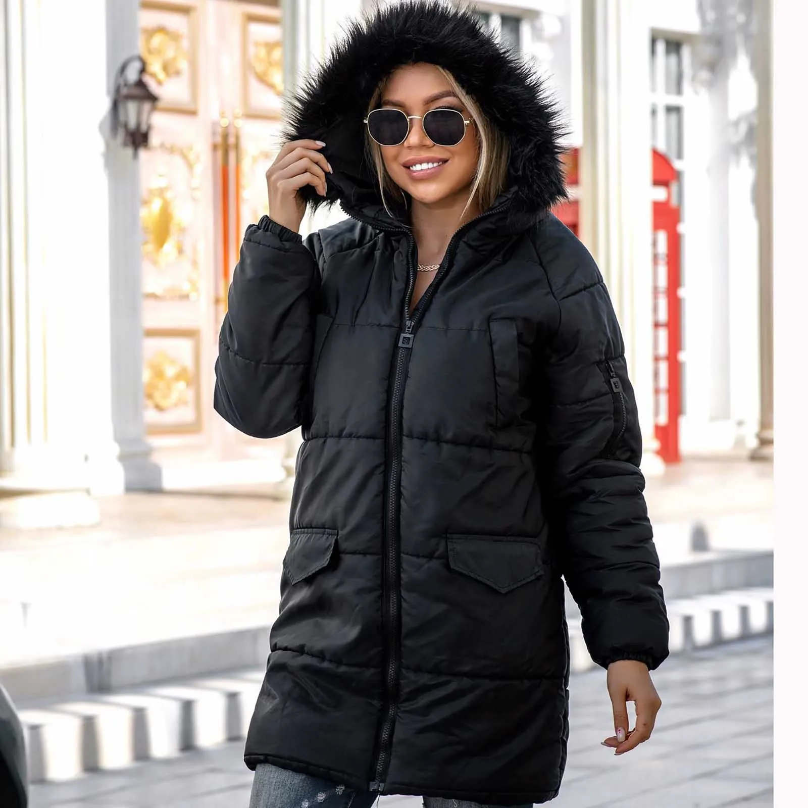Fashion Women Winter Neck Hooded Down Warm Coat Down Coat Solid Color Black Coat Ladies Plus Size Women's Down Jacket#g30 1