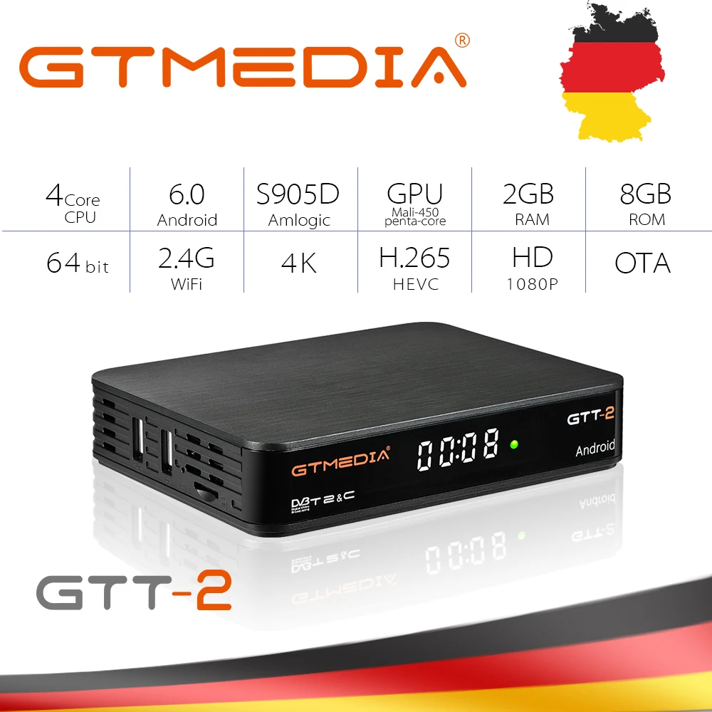

GTmedia GTT2 Android 6.0 Smart TV BOX DVB-T2/Cable/ISDBT/ATSC-C/ Amlogic S905D 2G/8G support iptv m3u cccam satellite receiver