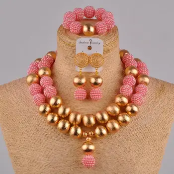 

pink african beads jewelry set simulated pearl necklace nigerian wedding jewelry sets for women FZZ42