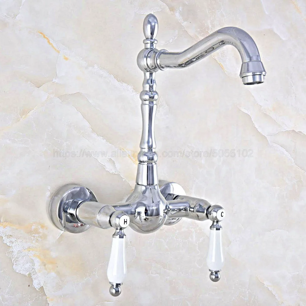 Polished Chrome Dual Handles Bathroom Kitchen Sink Faucets Wall Mounted Swivel Spout Two Holes Mixer Taps znf563 | Обустройство дома