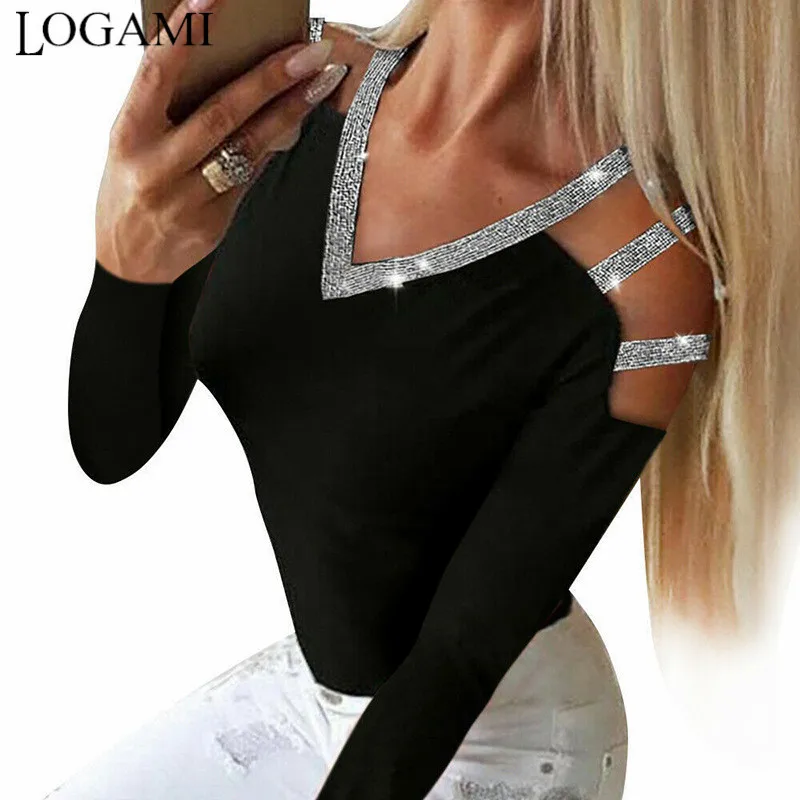 Женская футболка с блестками LOGAMI длинным рукавом и v-образным вырезом топы для