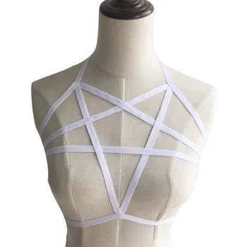 

Women White Elastic Body Harness Pentagram Cage bra Bondage strappy Crop Tops Lingerie Frame Fetish Rave wear