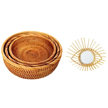 

Hadewoven Round Rattan Fruit Basket Wicker Food Tray (3-Size Kit) & Rattan Mirror Creative Art Decoration Round Mirror