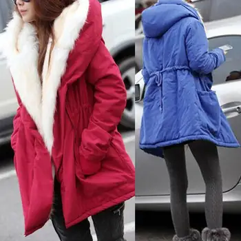 

Winter Coat Women Long Sleeve Hoodie Neck Zipper Button Casual Women Outwear Warm Coat Parkas Fleece drawstring pocket