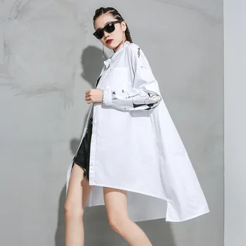 

2020 Spring Autumn Women Long Sleeve Lapel chic Splice Print Cardigan Irregular Shirt Female Streetwear Plus Size Blouse Dress