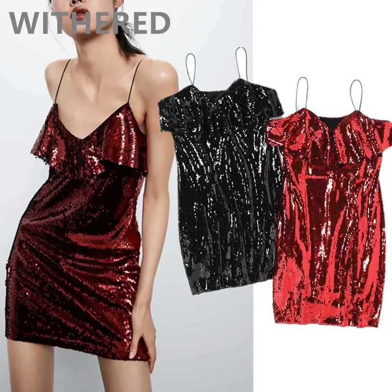 

Withered 2020 spring england style high street vintage sequins shine party mini dress women vestidos vestidos de fiesta de noche