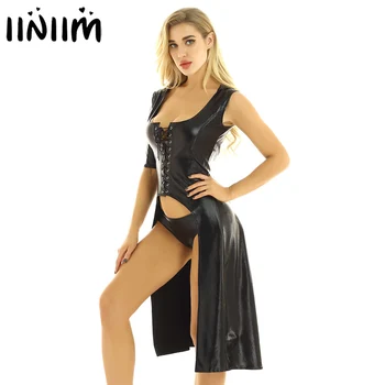 

Sexy Womens Adult Exotic Fancy Clubwear for Pole Dance Hooded Lace Up Gothic Catsuit Long Dress Costumes Dress Up with Briefs