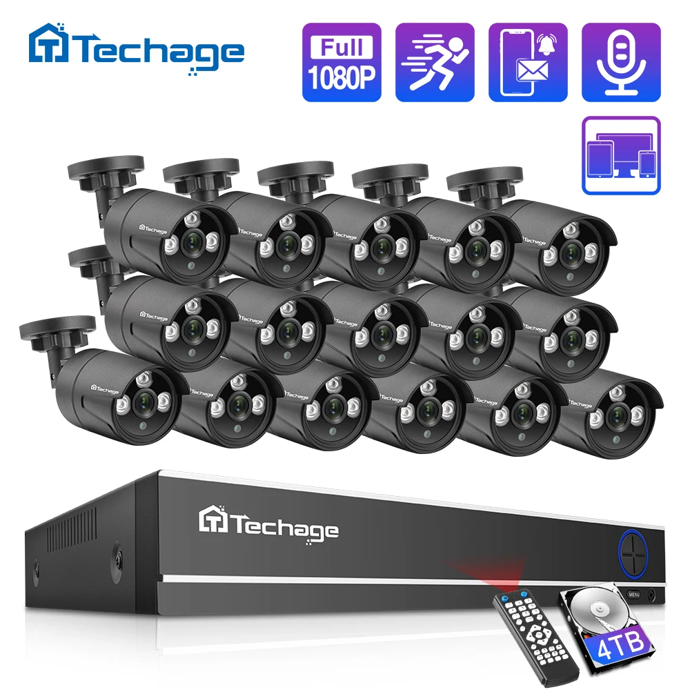 Techage 16CH 1080N DVR CCTV система безопасности AHD комплект 2MP 1080P IR наружная IP66