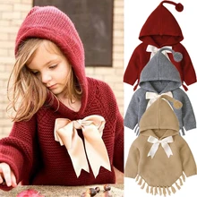 Милые детские вязаные свитера с кисточками для маленьких девочек плащ, осенне-зимняя верхняя одежда свитера с капюшоном и длинными рукавами и галстуком-бабочкой однотонный джемпер для девушки
