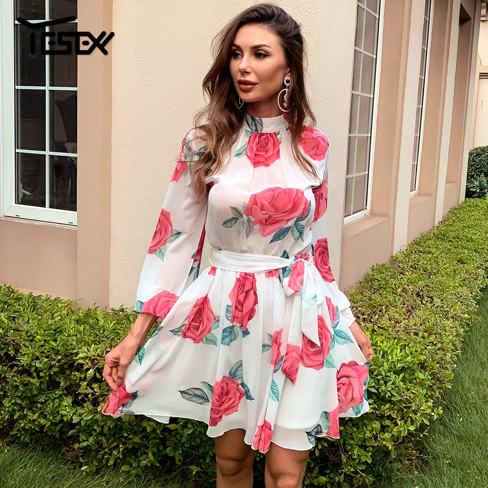 

Yesexy Women Long Sleeve Floral Print Mini Dress Autumn Women Casual Dress Elegant Lace Up Party Dress Women Vestidos M0570-3