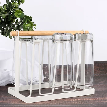 

Upside-down Cup Storage Rack Water Cup Hanger Glass Cup Tea Cup Mug Storage Shelf Drying Rack with Wood Handle for Kitchen