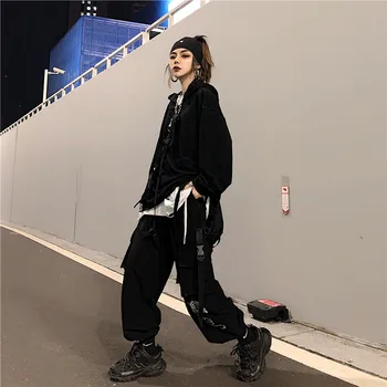 

Lychee Girls Dragon Embroidery Women Bottoms Pants Casual Autumn Pocket Lady Trousers Elastic Waist Loose Female Cargo Pants