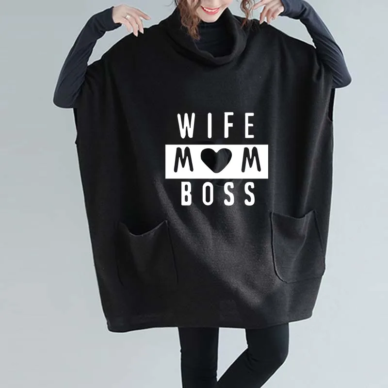 Женская футболка с надписью «Wife Mom Boss», новинка, модная женская футболка размера плюс 4XL 5XL 6XL 7XL 8XL с воротником-шарфом, вязаные футболки для женщин