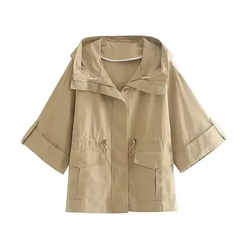 

2019 autumn women's wear new style, mature fashion drawstring, waist lapel, seven sleeves, short windbreaker.