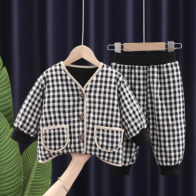 New Winter Children Keep Warm Clothes autumn Kids Boys Girls Thicken Cotton Jacket Pants 2Pcs/sets Baby Infant Casual Tracksuits F215202F Black