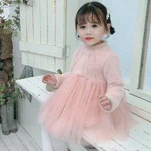 Детские сетчатые платья с длинными рукавами; зимнее плюшевое милое платье для принцессы; плотные Повседневные Вечерние платья для маленьких девочек на день рождения; Vestido