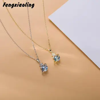 

Fengxiaoling Genuine 925 Sterling Silver Blue Crystal Satellite Pendant Necklaces Fine Jewelry For Charm Women Fashion Jewelry
