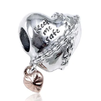

New 925 Sterling Silver Bead Charm Rose Chained Heart With Keep Me Safe Beads Fit Bracelet Bangle Diy Jewelry
