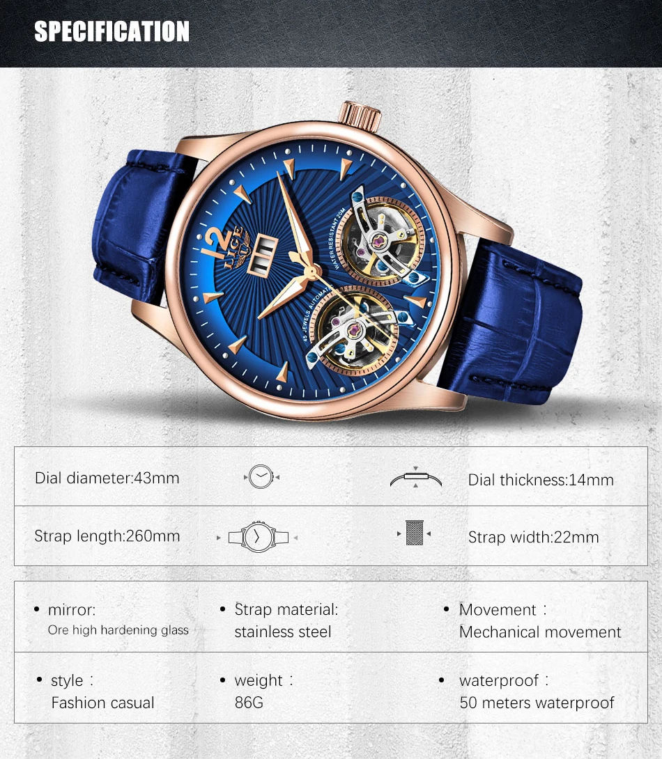 LIGE, роскошные брендовые водонепроницаемые военные спортивные мужские часы, мужские часы с двойным Tourbillon, автоматические механические часы, мужские часы