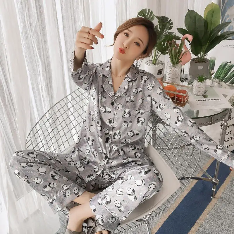 

2019 Spring Summer New Style Viscose Pajamas Women's Sweet Model Silk Tracksuit Long Sleeve Online Celebrity Two-Piece Set