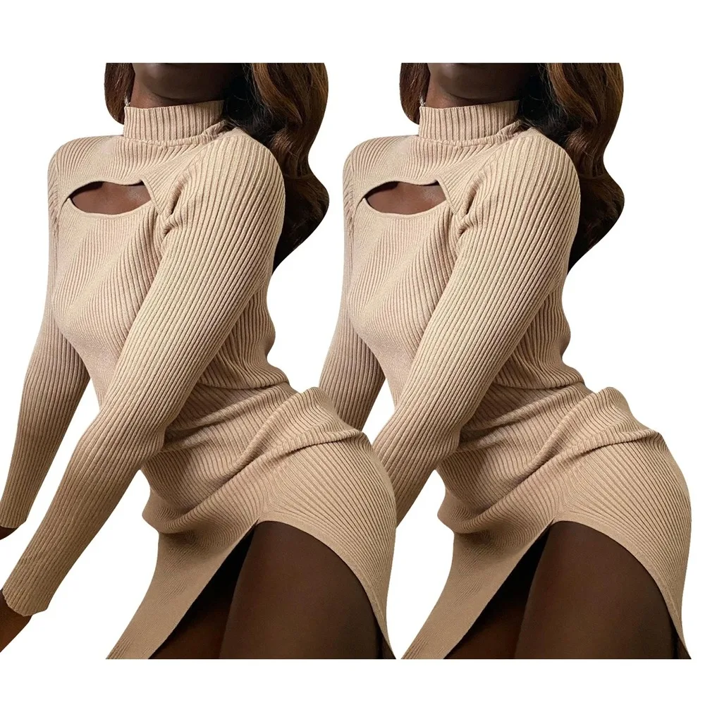 

CINESSD 2020 Ladies Winter Fashion Hook Flower Hollow Thread Mid-Length Dress Stand Collar Loose Solid Color Mid-Length Dress
