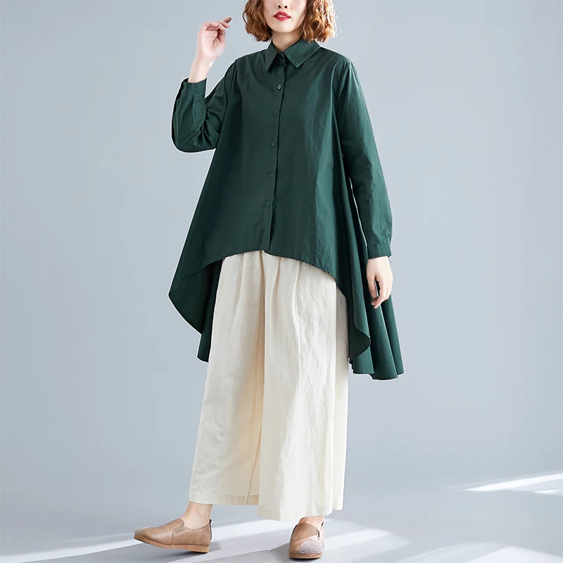 

[EWQ] 2019 Spring Autumn New Pattern Lapel Long Sleeve Solid Patchwork Asymmetrical Sinlge Breasted Vintage Shirt Women AH13906