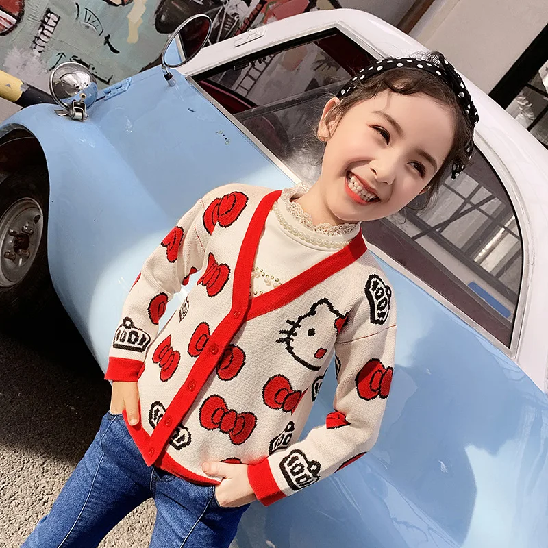 Свитер-кардиган для девочек; детская одежда; осенний женский свитер для малышей; Детское пальто в западном стиле «hello kitty»; модное поколение