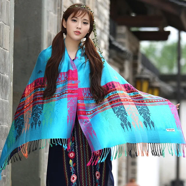 Богемский дизайнерский женский шарф с принтом китайский национальный стиль цветочный узор кисточка зимний теплый мягкий длинный дорожный шарф-одеяло - Цвет: peacock blue