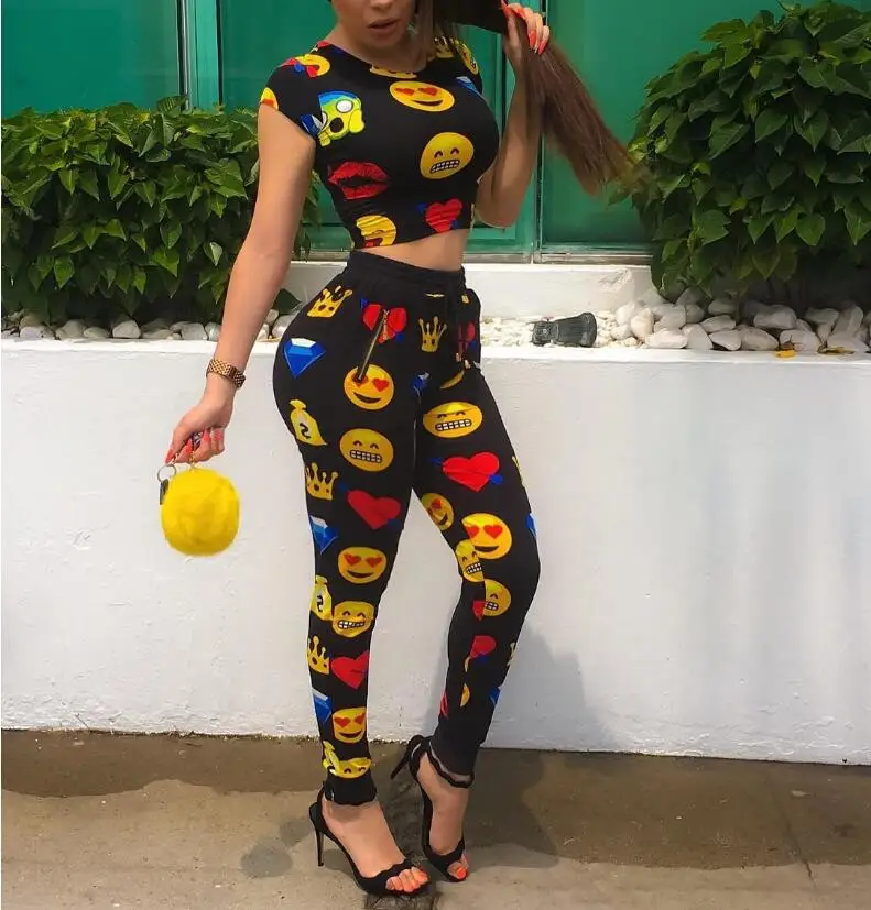 

Summer two pieces set emoji printing tracksuit crop top +pants sportswear suit women cute jogger casual sweat suits