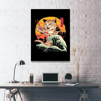 

Modular Canvas HD Prints Cartoon Pictures Wall Art Cat Eating Sushi Paintings Home Decor Posters For Living Room No Framework