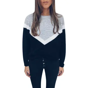 

Women's Ladies Long Sleeve Round Neck Blouse Patchwork Autumn Winter Loose Casual Tops Blouse Shirts Sexy Pullover Jumper Shirt