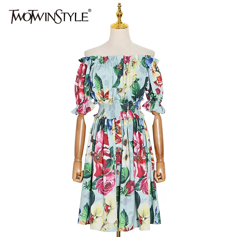 TWOTWINSTYLE Print Ruched Off Shoulder Dress For Women Square Collar High Waist Lantern Sleeve Hit Color Dresses Female 2020 New TWOTWINSTYLE Print Ruched Off Shoulder Dress For Women Square Collar High Waist Lantern Sleeve Hit Color Dresses Female 2020 New