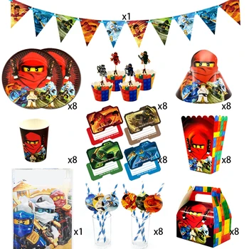 

Party supplies 74pcs for 8kids Ninjagoing theme birthday party decoration tableware set, plate+cup+straw+flag+tablecover