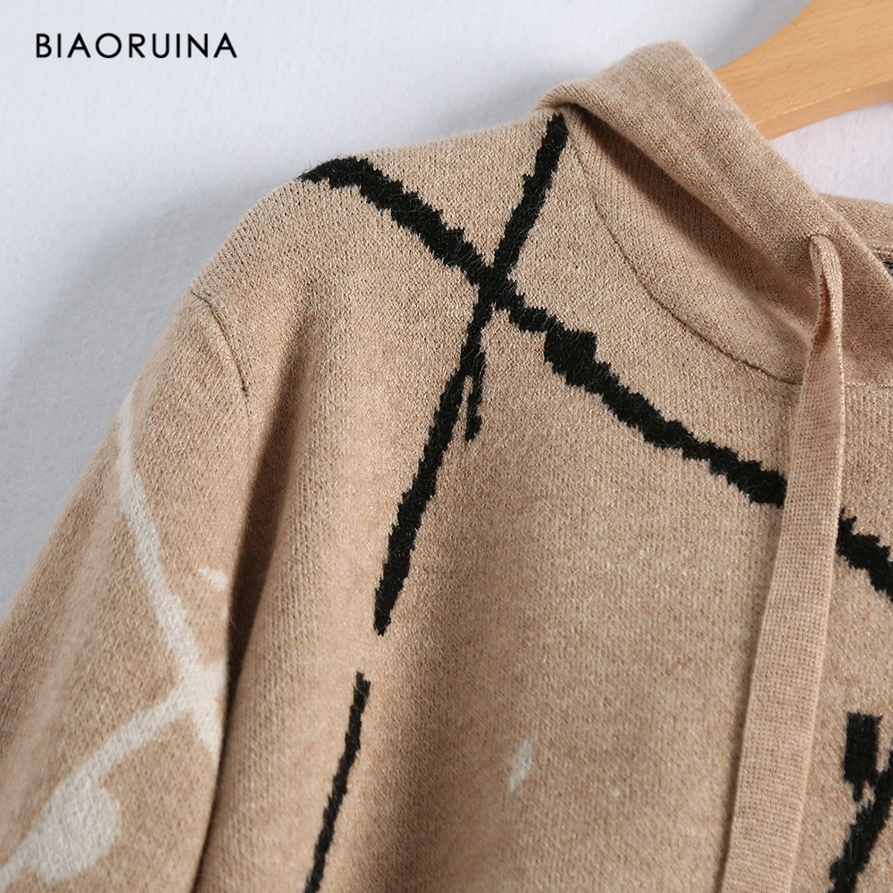 BIAORUINA Women's Casual All-match Mixed Stripes Knitted Hoodies Fashion Winter Fashion Straight Sweatshirt Active Wear One Size