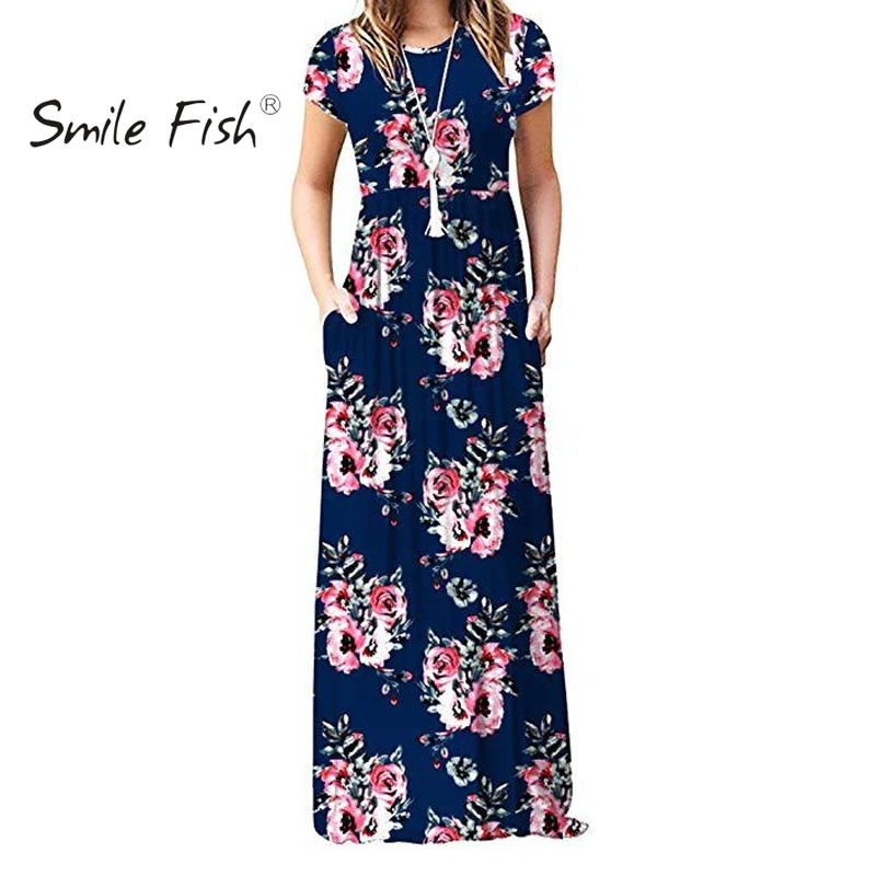 Новинка Boho летние женские макси платья Femme короткий рукав o-образным вырезом цветочный принт длинное обтягивающее платье карманы пляжный Сарафан платье XXL GV690