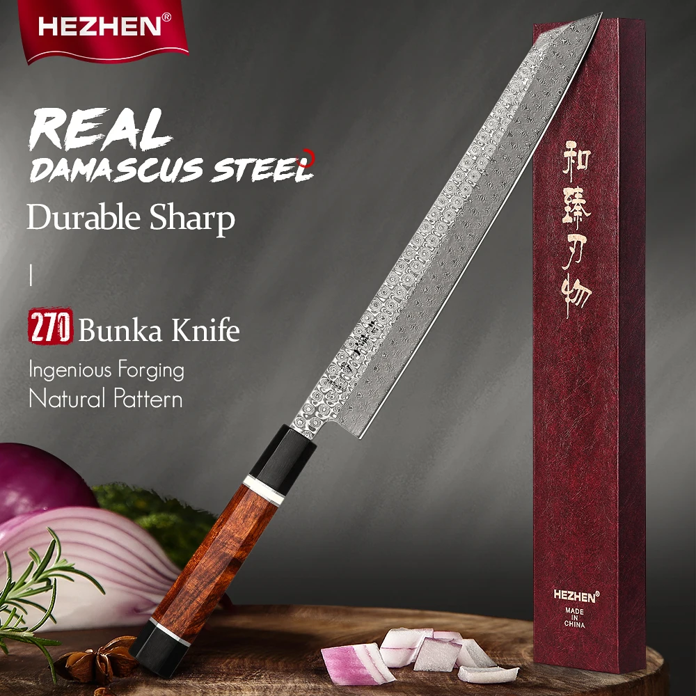 HEZHEN 270 мм Bunka нож бритва острый нарезки 110 слоев Дамасская сталь суши сашими