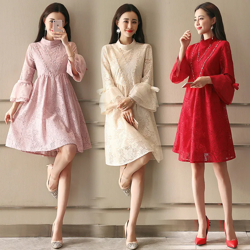 

2018 Spring Clothing New Style Korean-style High-waisted Lace Dress Elegant Mid-length Bell Sleeve Large Size Fat Girls Dress