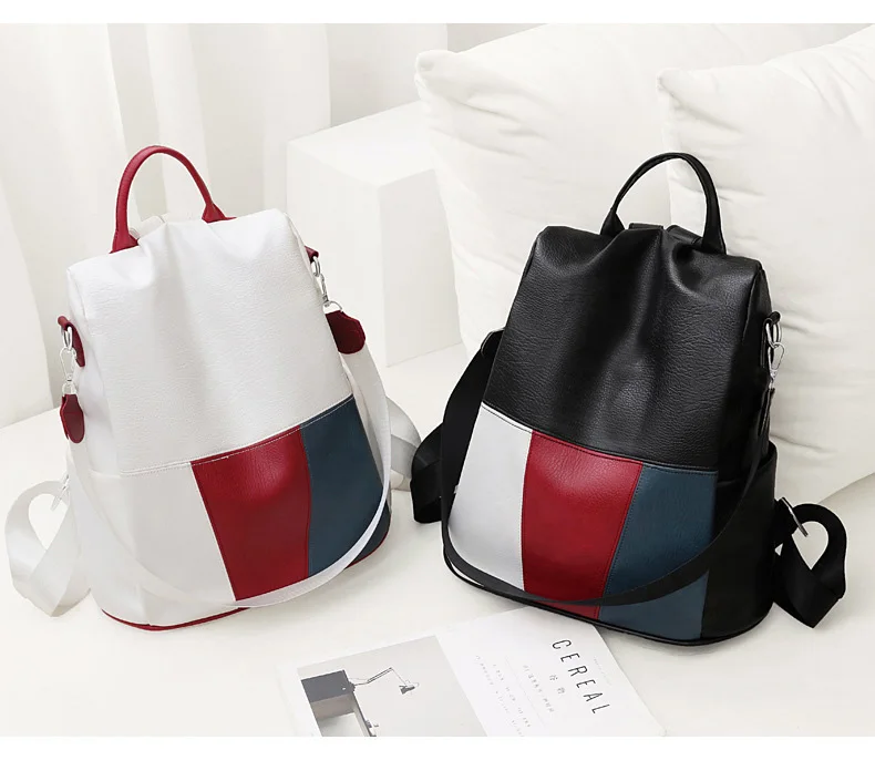 High Quality PU leather Panelled backpack White Black Anti Theft Women Backpack 2019 Fashion Brand Rucksack for Ladies Back Pack (3)
