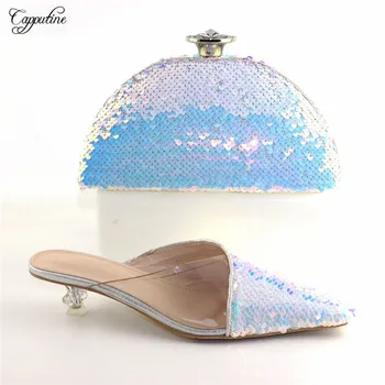 

Elegant medium heel pointed toe shoes and bag set with sequins for evening party CR421, heel height 4.8cm