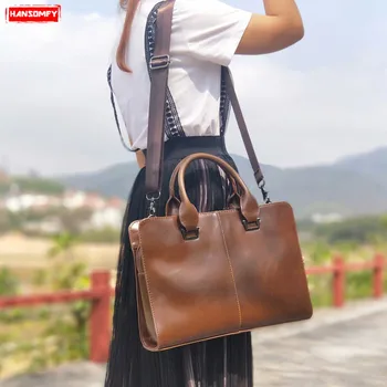 

Business Women Briefcase Female Personality Retro Laptop Handbags Fashion Shoulder Messenger Bags Crazy Horse Leather PU Zipper