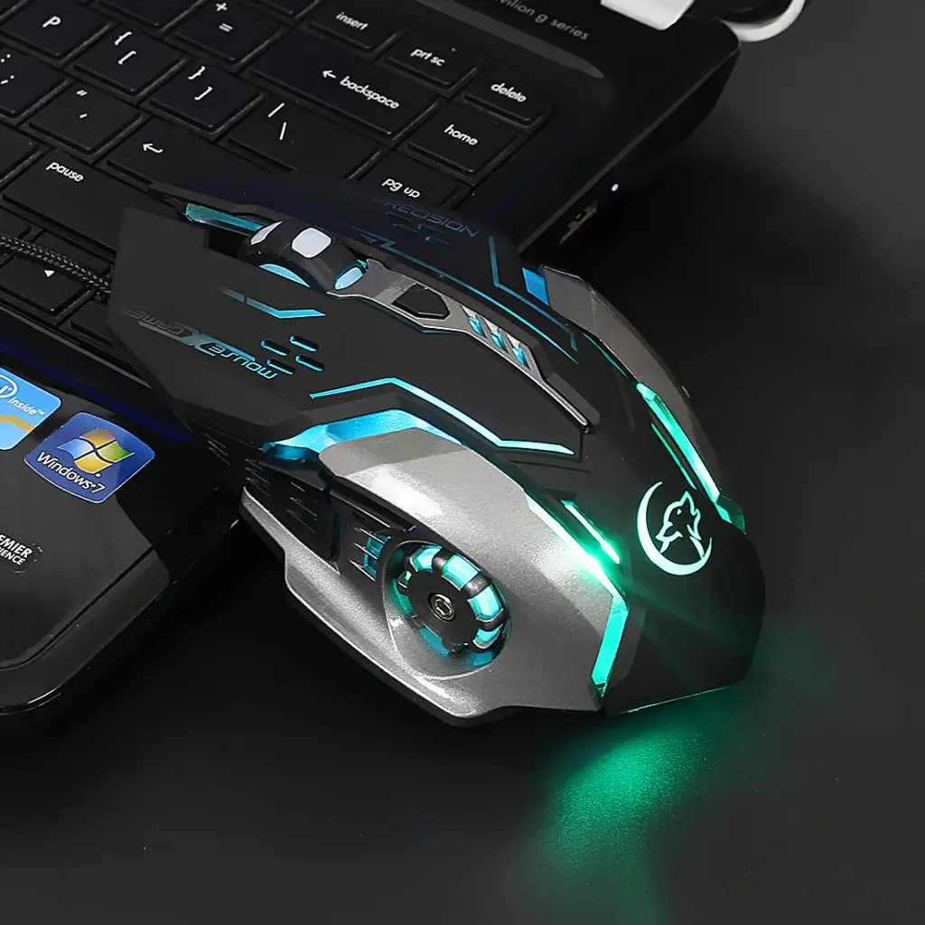 Computer Mechanical Mouse Standard Wired Mice Golden USB Port with 6 Buttons, for Gaming Office, Colorful LED RGB Backlit