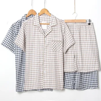 

Summer Men's pajamas cotton gauze shorts Japanese style simple elastic waist casual large size lattice Male home clothes