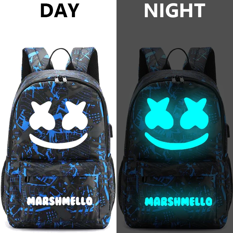DJ Marshmallow рюкзак студенческий холст светящийся для подростка рюкзак USB зарядка ноутбук противоугонные школьные сумки