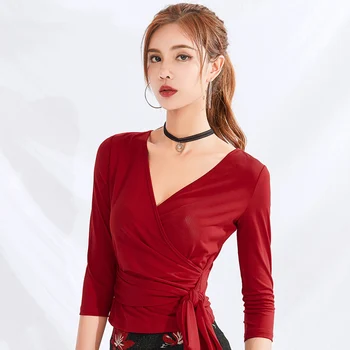 

Latin Dance Costume Sexy V-Neck Long-Sleeved Shirt Female Practice Clothes Women'S Ballroom Samba Wear Plus Size Tops DWY2300