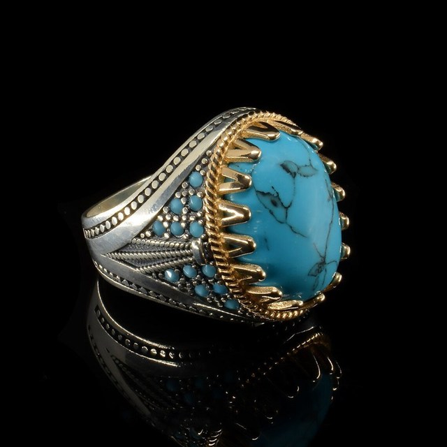 Handmade Big Turquoise Stone Rings for Men Women Retro Green Zircon Punk Religion Rings Islam Muslim Jewelry Wholesale