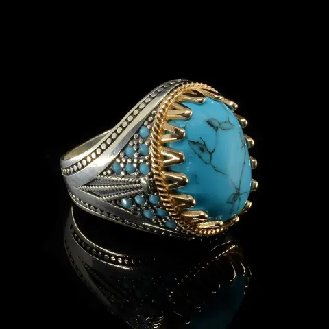 Handmade Vintage Big Oval Natural Turquoise Stone Ring For Men Women Retro Gold Silver Color Blue Bead Wedding Band Gift